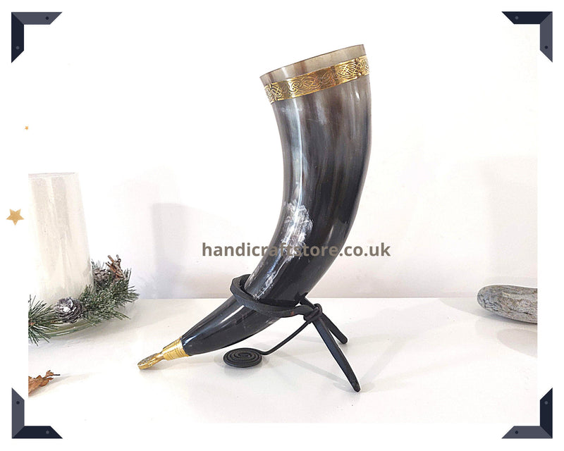 Handmade Viking Drinking Horn with Metal stand, Brass top lining and tail, Helm of Awe with runes pattern