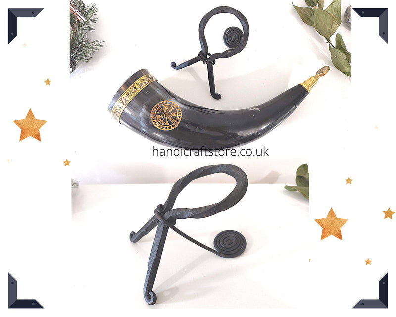 Handmade Viking Drinking Horn with Metal stand, Brass top lining and tail, Helm of Awe with runes pattern