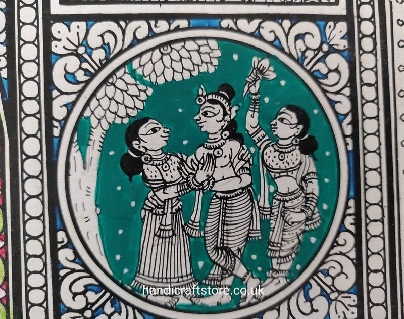 Indian Hand Made Pattachitra Painting on Tussar Silk Cloth Unframed Famous Indian Tradional Art - Krisna Katha