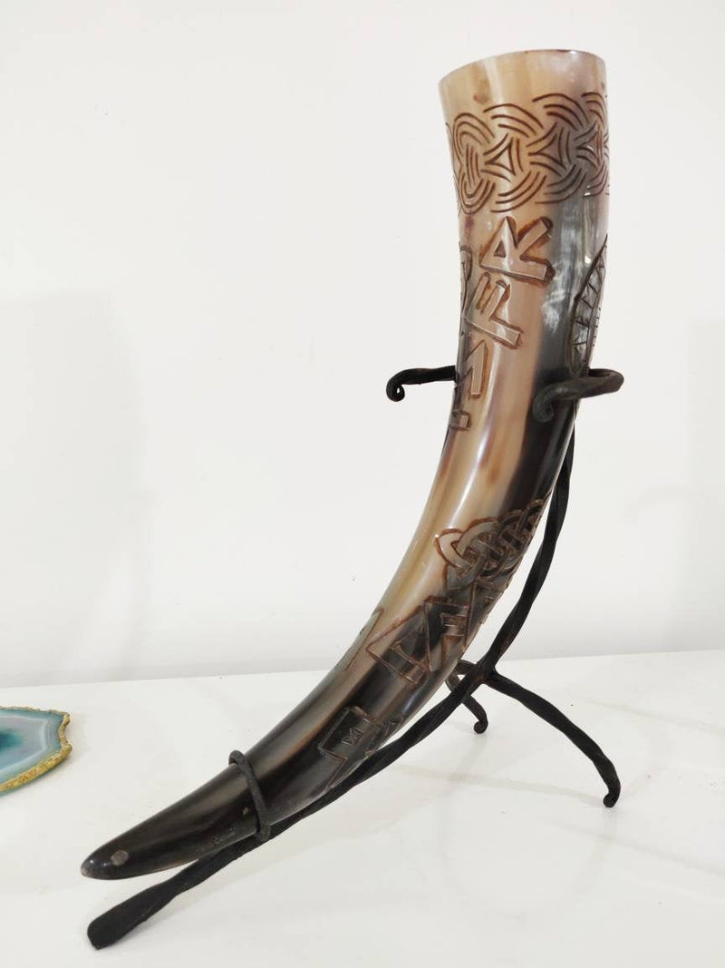 Hand Carved Large Viking Drinking Horn with Iron Stand - Viking Compass