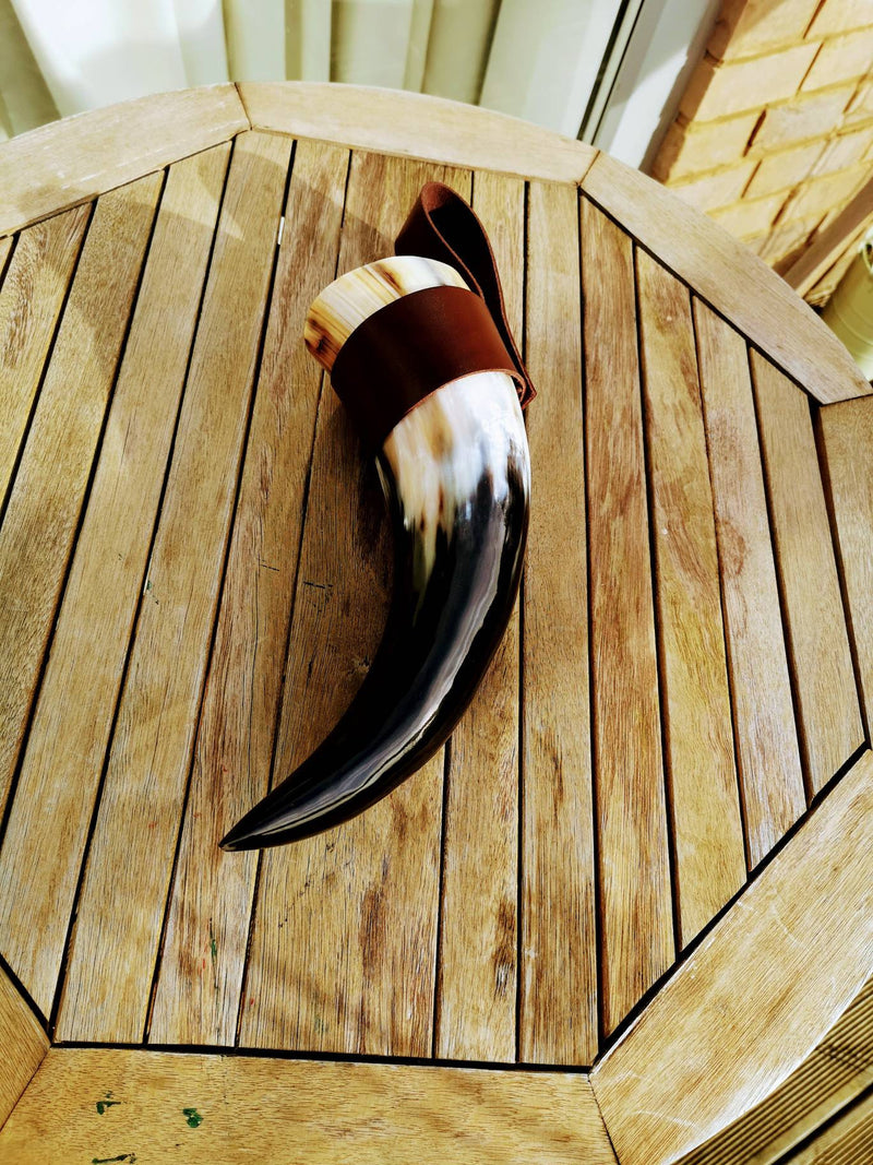 Viking natural drinking horn with Leather strap, personalized strap