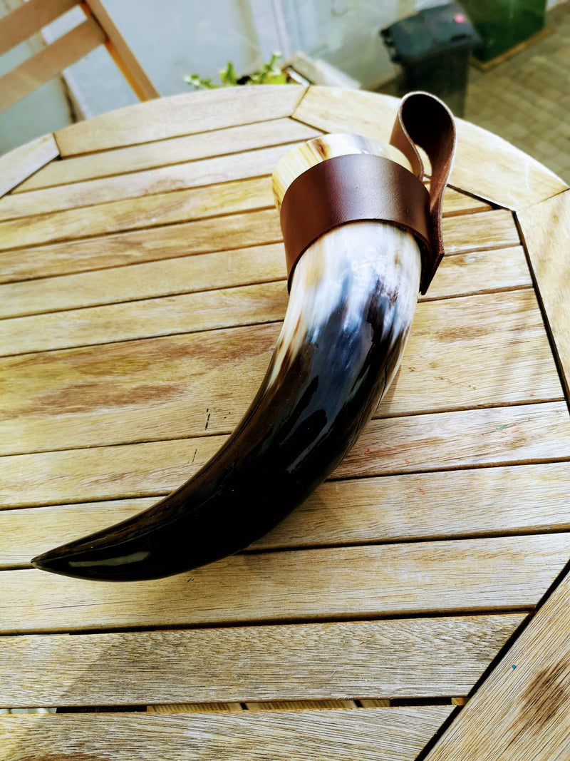 Viking natural drinking horn with Leather strap, personalized strap