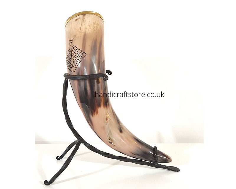 Viking Drinking Horn With Iron Stand, Personalized Medieval Horn With Brass Rim