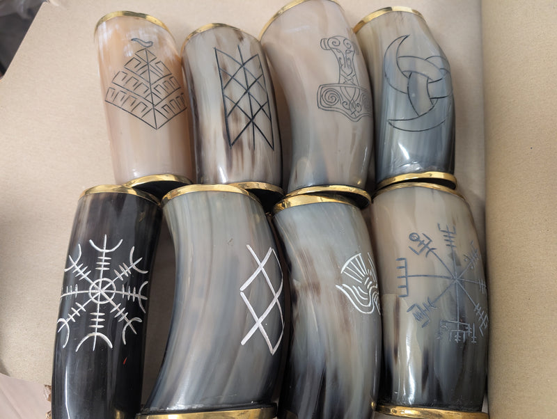 Engraved Ox Horn Set - Viking Drinking Mug, Horn cup with brass top & bottom- custom order