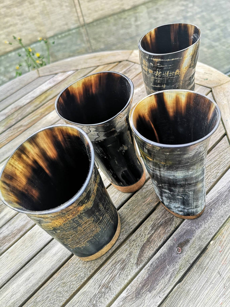 Set Of 4 Small Natural Ox Horn Viking Drinking Mug Cups