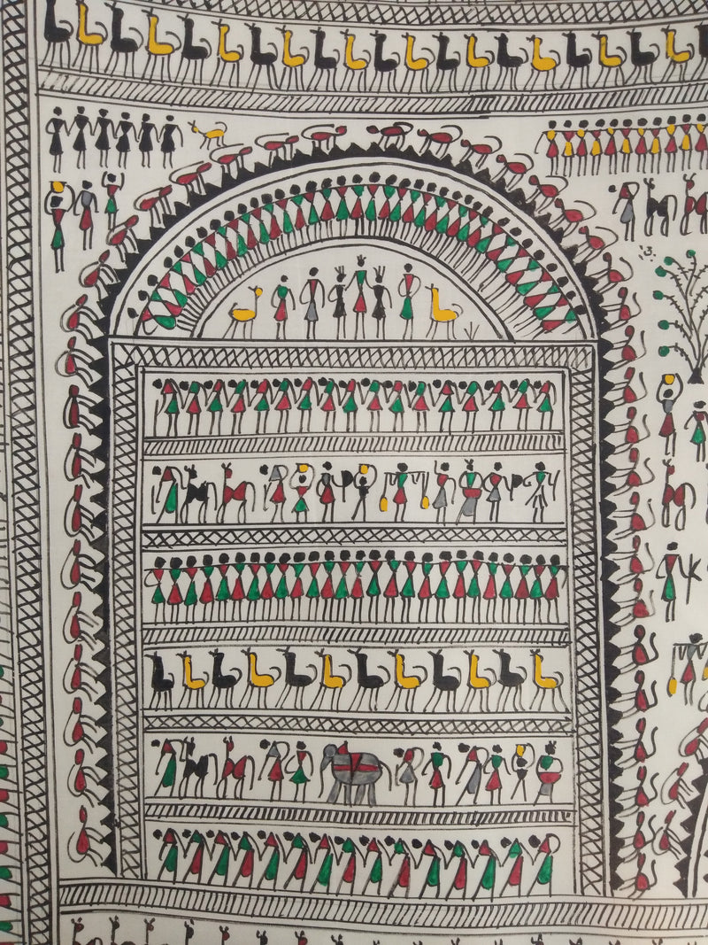 Handcrafted Tribal Art, Tribal Life  Tapestry, Worli Painting, Painting on Silk Cloth, Folk Painting, Unframed Painting