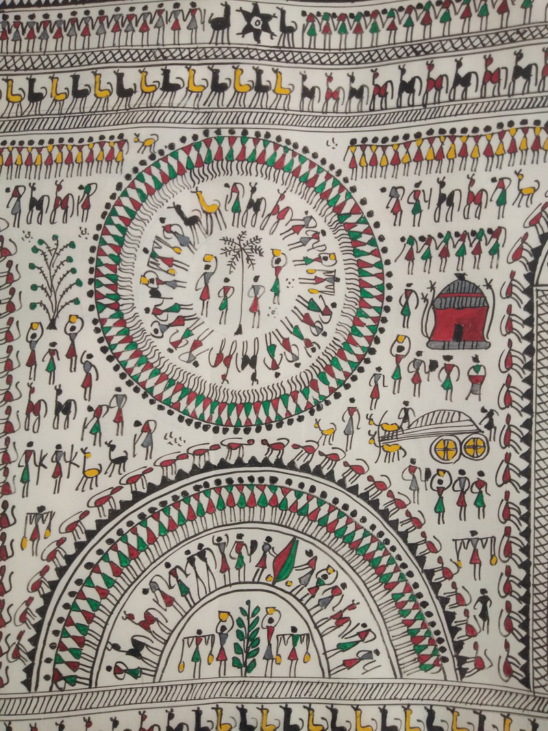 Handcrafted Tribal Art, Tribal Life  Tapestry, Worli Painting, Painting on Silk Cloth, Folk Painting, Unframed Painting