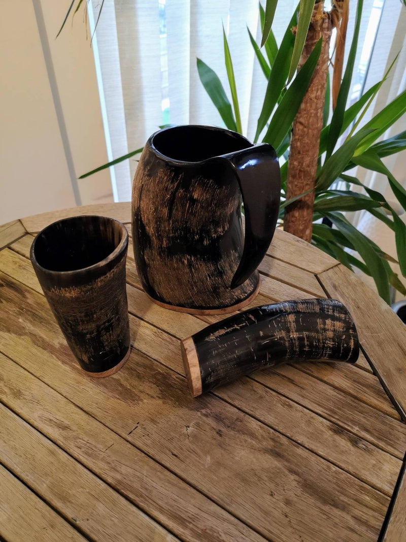 Viking Drinking horn Set(Horn Mug + 2 horn Cups), Viking wedding, groomsmen gift