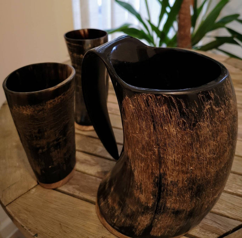 Viking Drinking horn Set(Horn Mug + 2 horn Cups), Viking wedding, groomsmen gift
