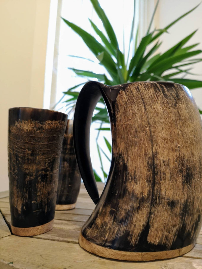Viking Drinking horn Set(Horn Mug + 2 horn Cups), Viking wedding, groomsmen gift