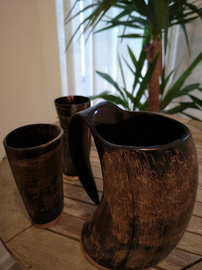 Viking Drinking horn Set(Horn Mug + 2 horn Cups), Viking wedding, groomsmen gift