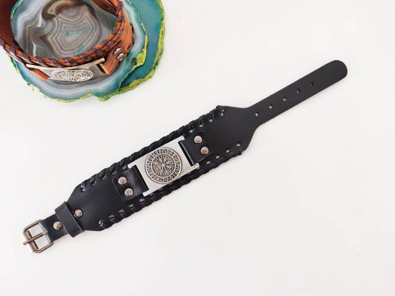 Leather Viking Compass Wristband Nordic Runes Odin Symbol Leather Bracelet