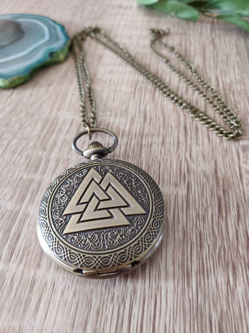 Vintage Viking Pocket Watch,Triangle Valknut Norse Bronze Quartz Pocket Watch