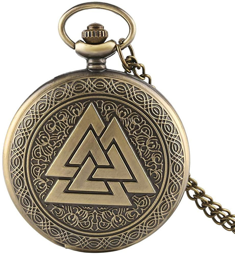 Vintage Viking Pocket Watch,Triangle Valknut Norse Bronze Quartz Pocket Watch