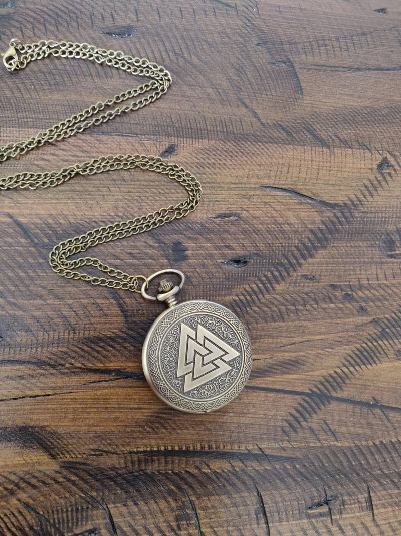 Vintage Viking Pocket Watch,Triangle Valknut Norse Bronze Quartz Pocket Watch