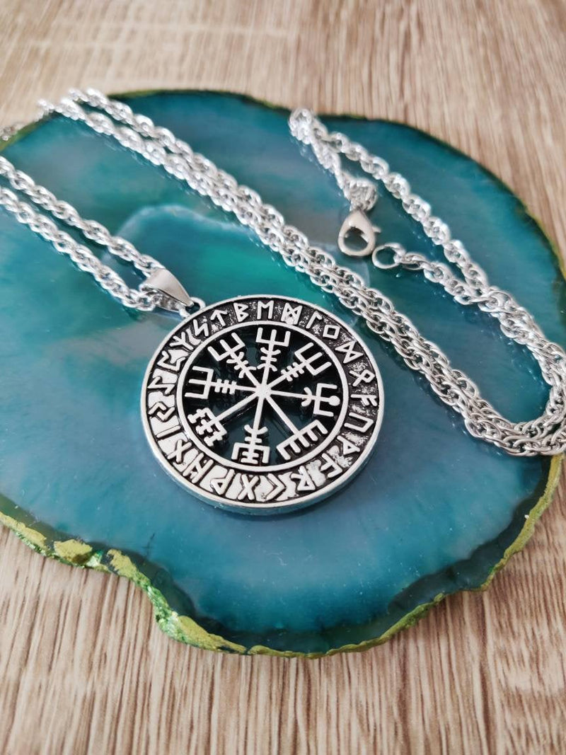 Viking Vegvisir Rune Circle Pendant Necklace with Chain, Viking Compass Necklace