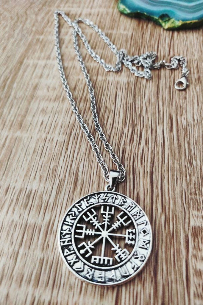 Viking Vegvisir Rune Circle Pendant Necklace with Chain, Viking Compass Necklace