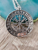 Viking Vegvisir Rune Circle Pendant Necklace with Chain, Viking Compass Necklace