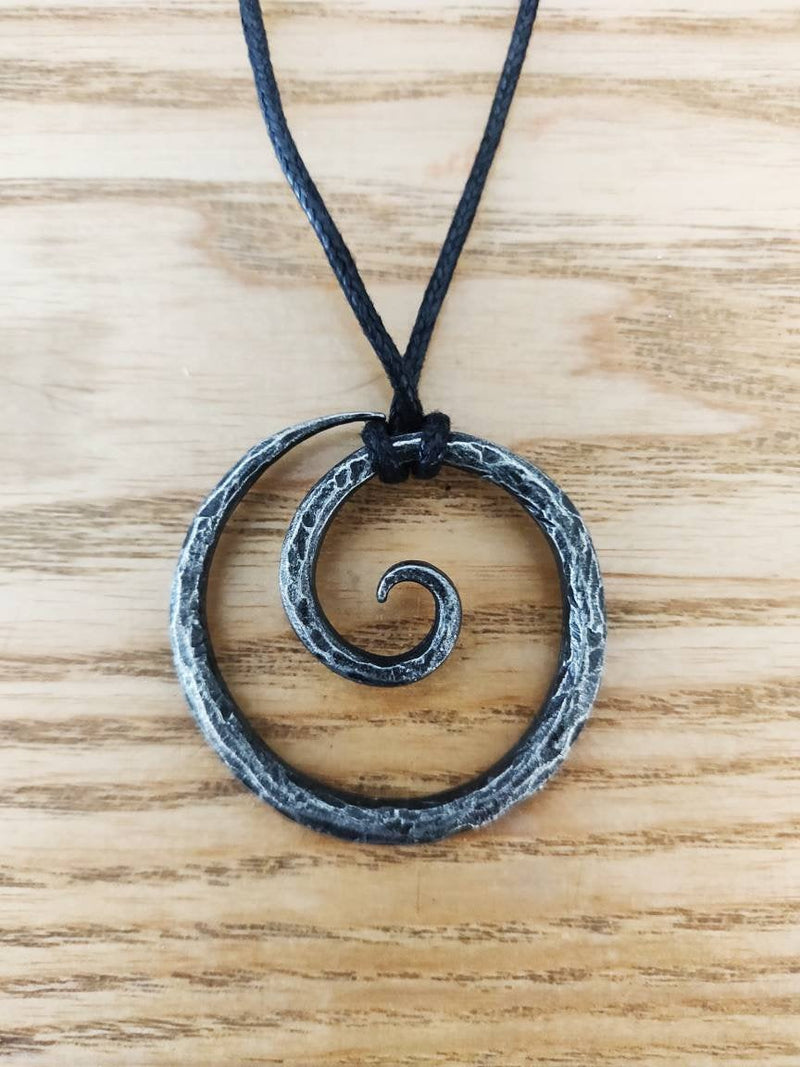 Viking Celtic Spiral Pendant Necklace, Hand-Forged Iron Style Adjustable Cord