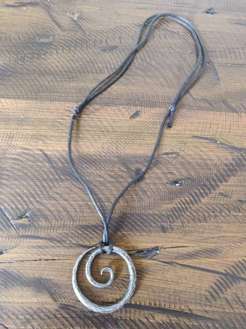 Viking Celtic Spiral Pendant Necklace, Hand-Forged Iron Style Adjustable Cord