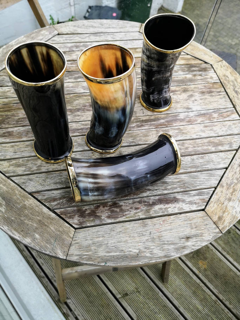 Set of Ox Horn Cups, Viking Drinking Cups 6" with brass top & bottom