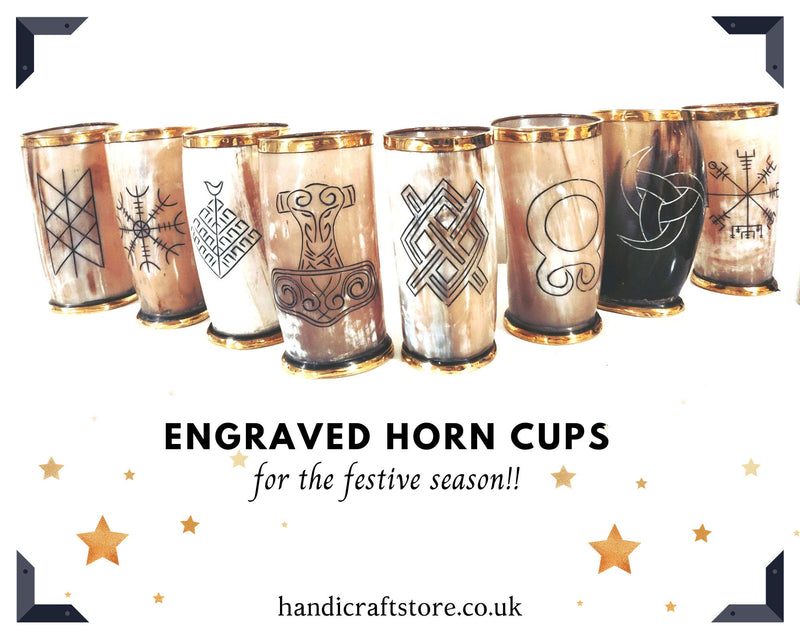 Engraved Ox Horn Viking Drinking Mug, Horn cup with brass top & bottom