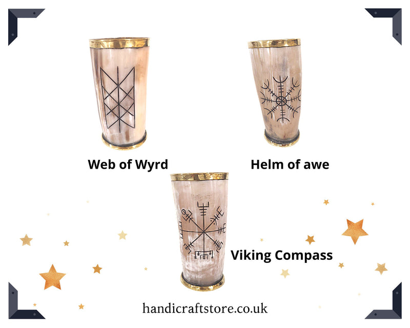 Engraved Ox Horn Viking Drinking Mug, Horn cup with brass top & bottom