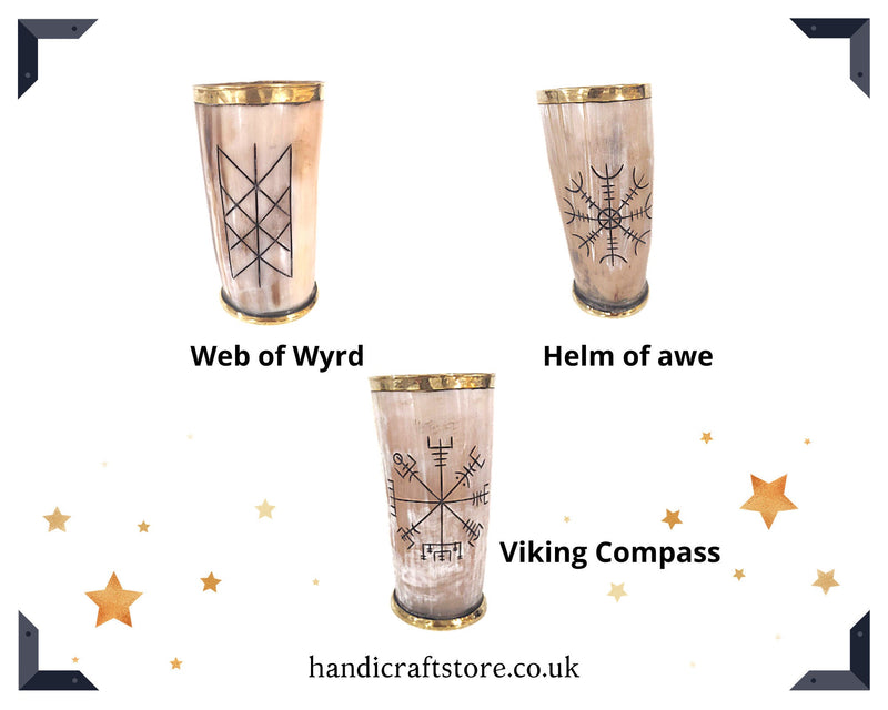 Engraved Ox Horn Viking Drinking Mug, Horn cup with brass top & bottom