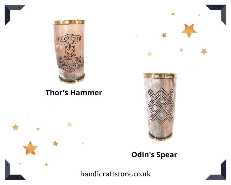 Engraved Ox Horn Viking Drinking Mug, Horn cup with brass top & bottom