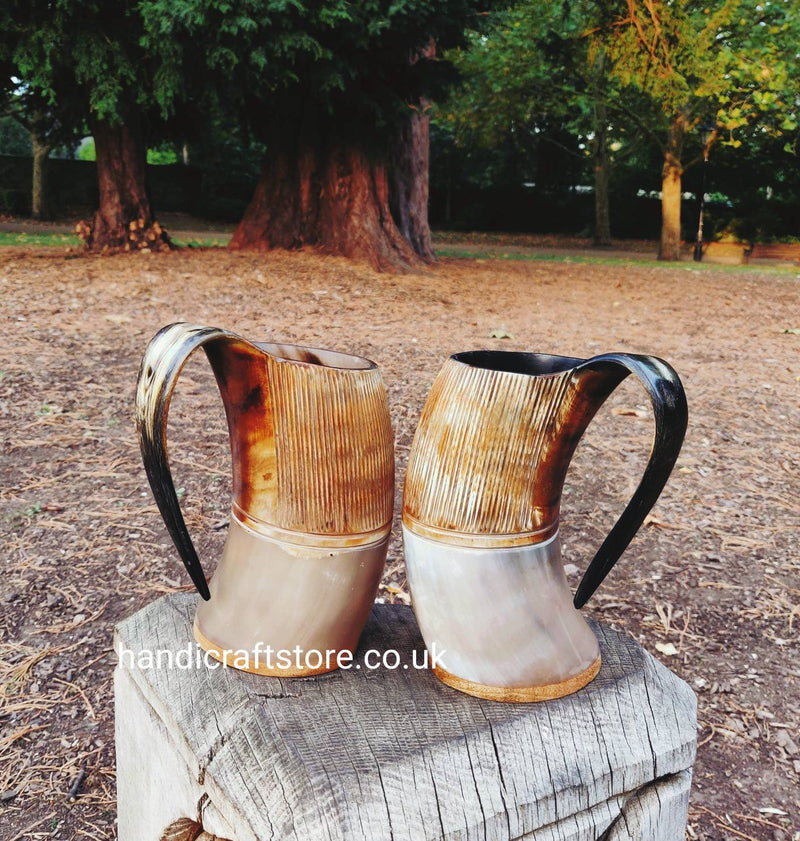 Viking Horn Mug Set, Horn Tankard Set, Ox Horn Mug, Burnt effect
