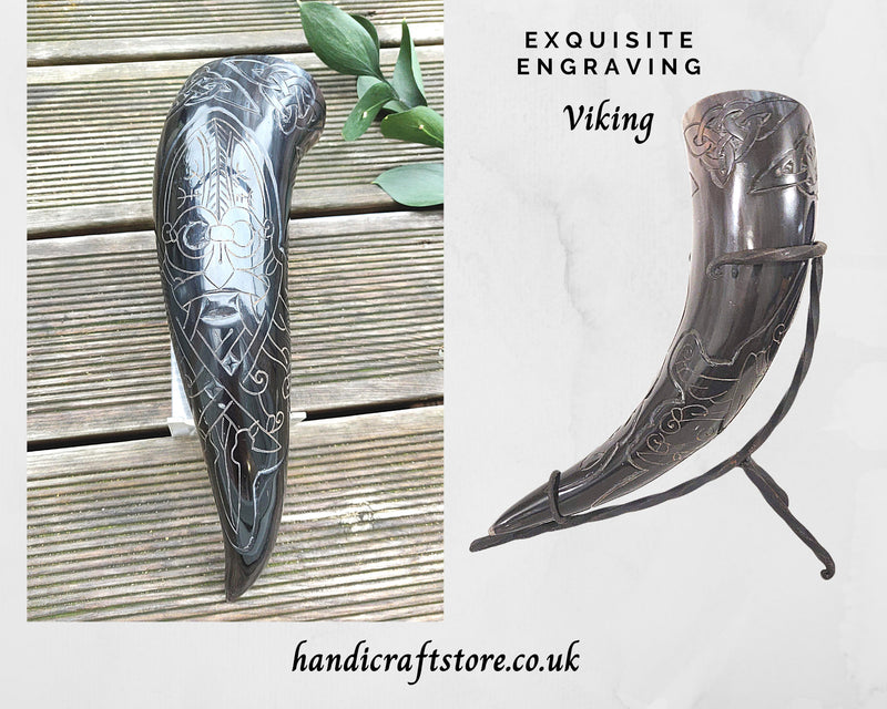 Hand Engraved Odin's Ravens Carved Viking Drinking Horn with Stand