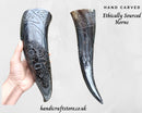 Hand Engraved Odin's Ravens Carved Viking Drinking Horn with Stand
