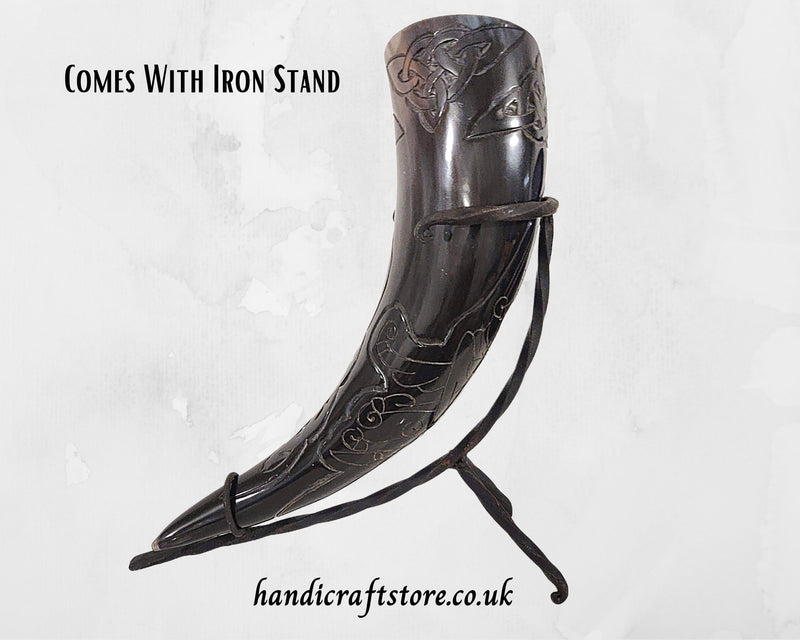 Hand Engraved Odin's Ravens Carved Viking Drinking Horn with Stand