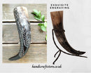 Hand Carved Odin Slaying Dragon Viking Drinking Horn(13"-15") with Iron Stand, Large