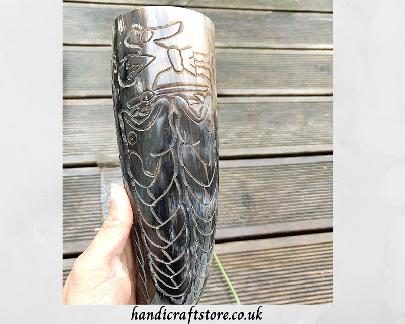 Hand Carved Odin Slaying Dragon Viking Drinking Horn(13"-15") with Iron Stand, Large