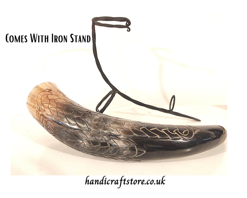 Hand Carved Odin Slaying Dragon Viking Drinking Horn(13"-15") with Iron Stand, Large