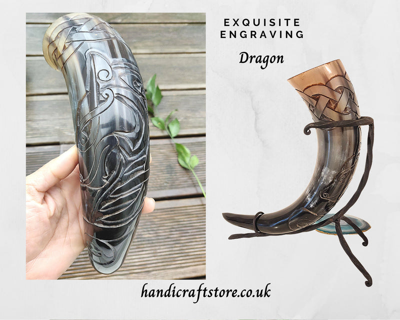 Hand Carved Large Viking Drinking Horn(13"-15") with Iron Stand - Dragon Pattern
