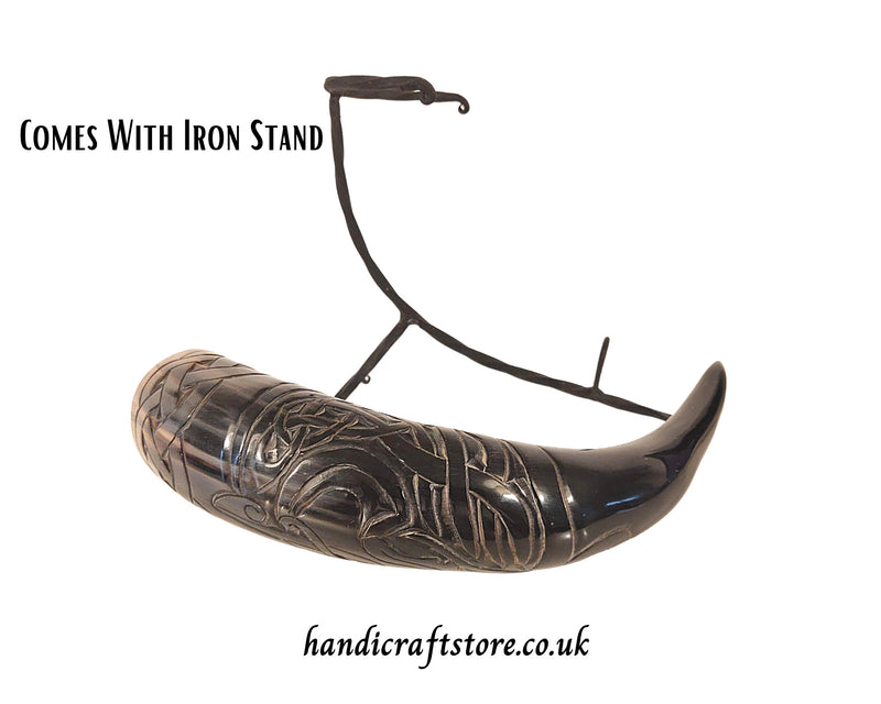 Hand Carved Large Viking Drinking Horn(13"-15") with Iron Stand - Dragon Pattern