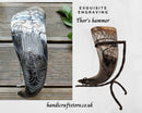 Hand Carved Large Viking Drinking Horn(13"-15") with Iron Stand - Thor's Hammer