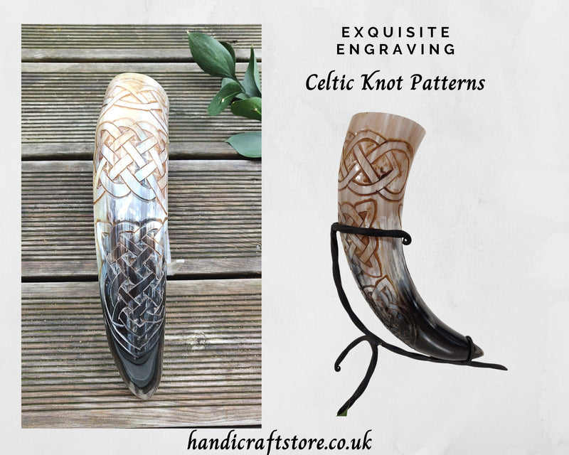 Hand Carved Large Viking Drinking Horn(13"-15") with Iron Stand - Celtic knots