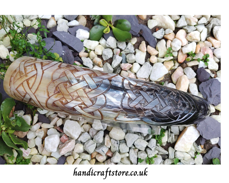 Hand Carved Large Viking Drinking Horn(13"-15") with Iron Stand - Celtic knots