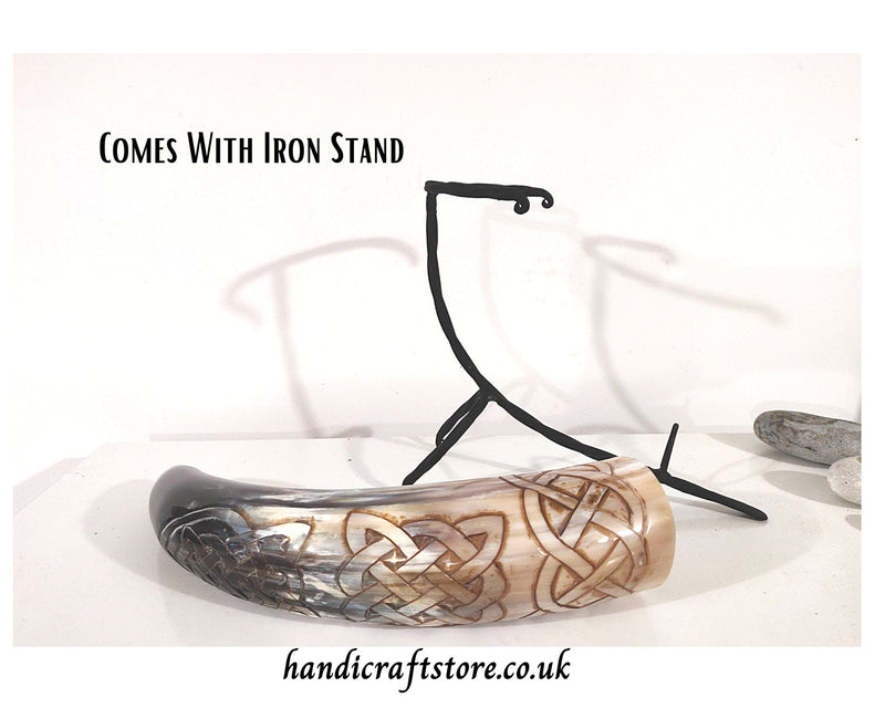 Hand Carved Large Viking Drinking Horn(13"-15") with Iron Stand - Celtic knots