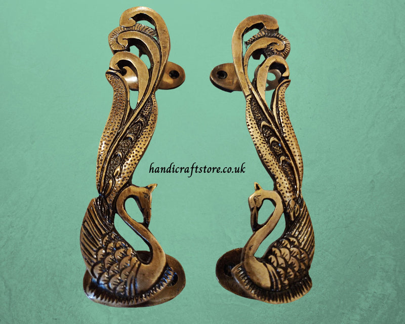 Peacock Door Handles, Brass Door handles, Set of 2 Peacock Door Handles