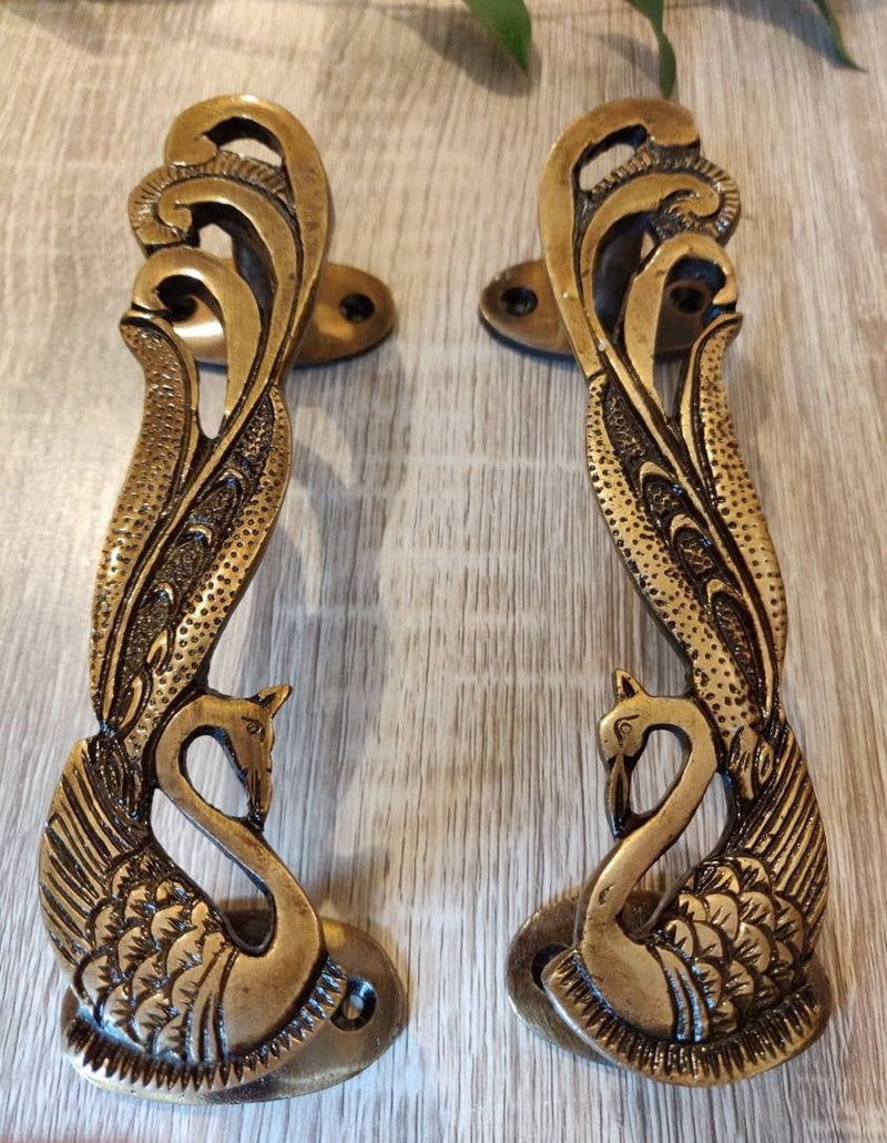 Peacock Door Handles, Brass Door handles, Set of 2 Peacock Door Handles