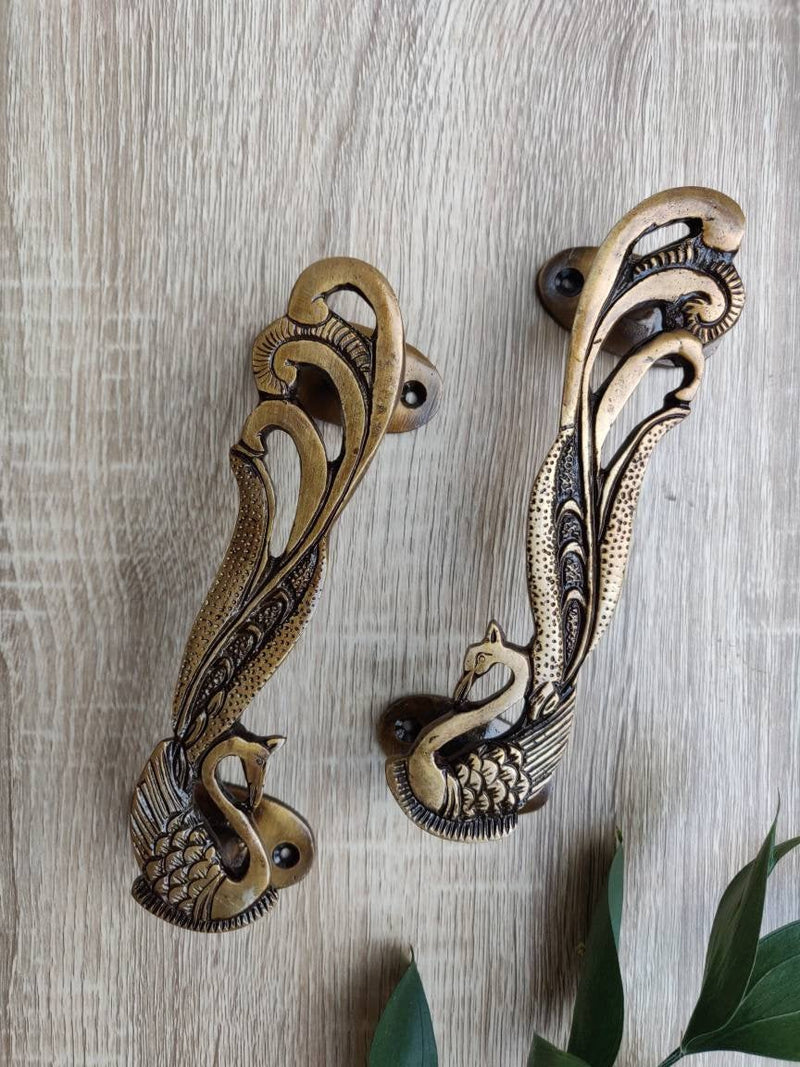 Peacock Door Handles, Brass Door handles, Set of 2 Peacock Door Handles