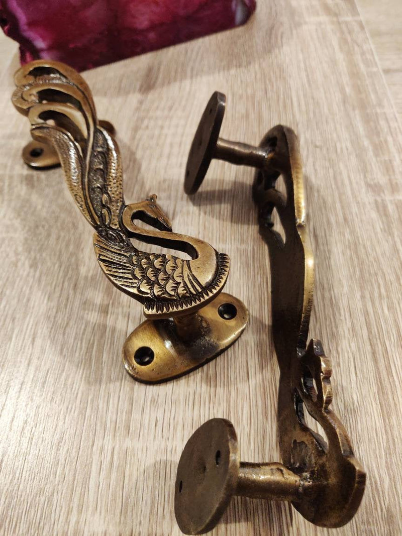 Peacock Door Handles, Brass Door handles, Set of 2 Peacock Door Handles