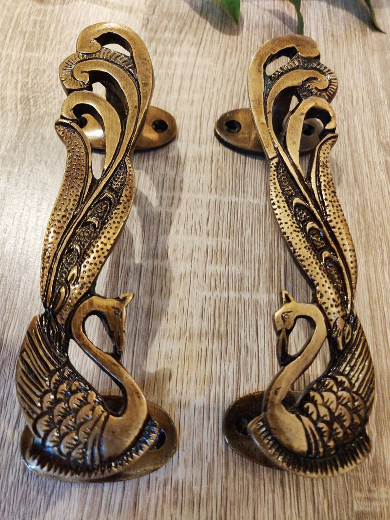 Peacock Door Handles, Brass Door handles, Set of 2 Peacock Door Handles