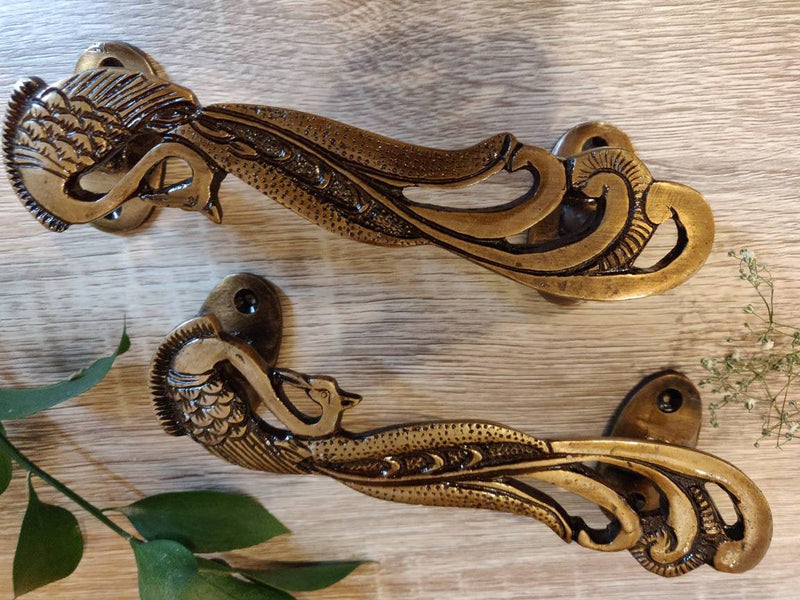 Peacock Door Handles, Brass Door handles, Set of 2 Peacock Door Handles