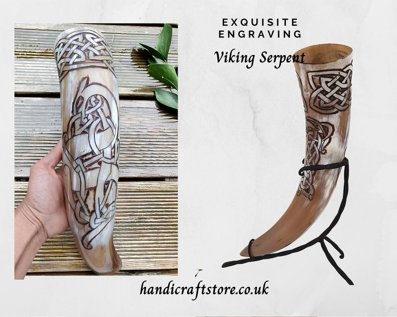 Hand Carved Large Viking Drinking Horn with Iron Stand - Viking Serpent