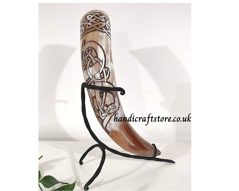 Hand Carved Large Viking Drinking Horn with Iron Stand - Viking Serpent